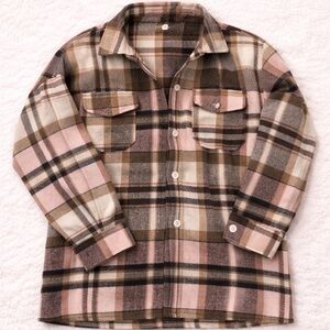 Plaid Button-Up Cardigan in Pink and Brown